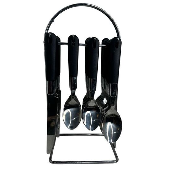 Hanging Cutlery Set 32 Piece NOT 16 Stainless Steel Black Glossy Plastic Handles - Picture 5 of 5